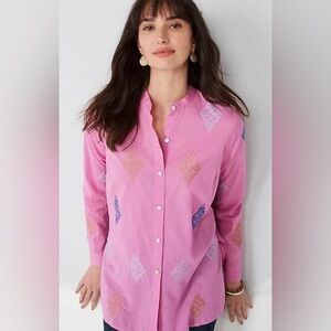 J. Crew‎ Embroidered Button Front Tunic Pink Mandarin Collar Medium